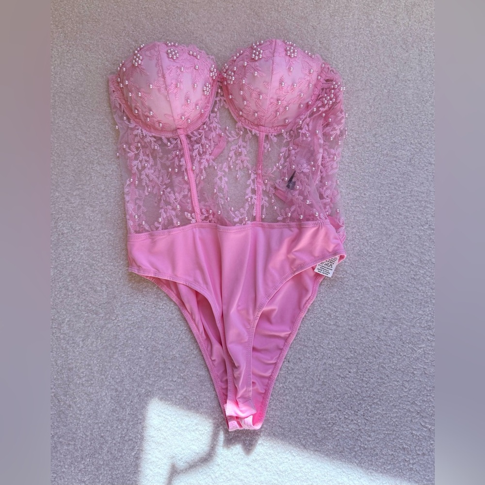 Pink Mesh Bodysuit with Pearls